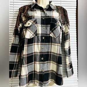 Weekends Everyday Women Western Plaid Fringe Tassel Long Sleeves Shirt Size S